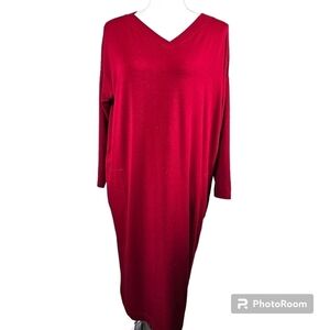 Eileen Fisher Viscose Jersey Stretch Knit Red Lagenlook Midi Dress in Small